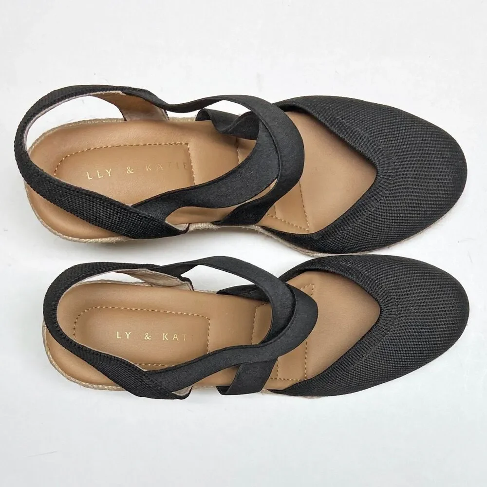 Kelly & Katie Brynn Black Espadrille Wedge Sandals Size 8.5 Crossover Straps